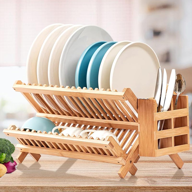 Exrp Dish Rack, Bamboo Folding 2-Tier Collapsible Drainer Dish Drying Rack with Utensils Flatware Holder Set (Dish Rack with Utensil Holder) - Image 2