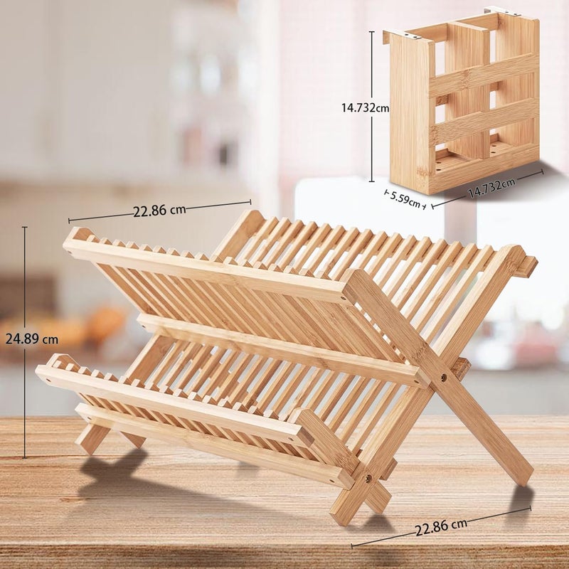 Exrp Dish Rack, Bamboo Folding 2-Tier Collapsible Drainer Dish Drying Rack with Utensils Flatware Holder Set (Dish Rack with Utensil Holder) - Image 3