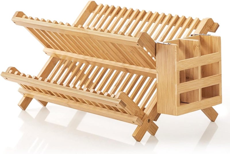 Exrp Dish Rack, Bamboo Folding 2-Tier Collapsible Drainer Dish Drying Rack with Utensils Flatware Holder Set (Dish Rack with Utensil Holder) - Image 1