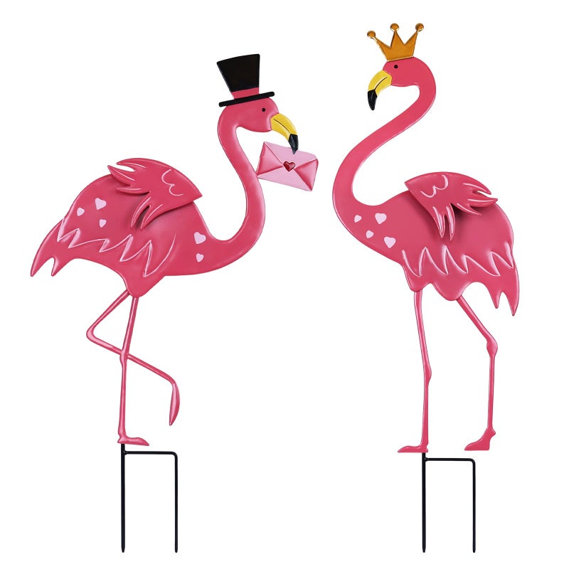 hogardeck Valentines Day Decorations Outdoor, 2 Pcs 31" Metal Flamingos Decorative Garden Stakes for Valentines Day Decor, Yard Sign for Home Outside Lawn Porch Anniversary Wedding Party - Image 1