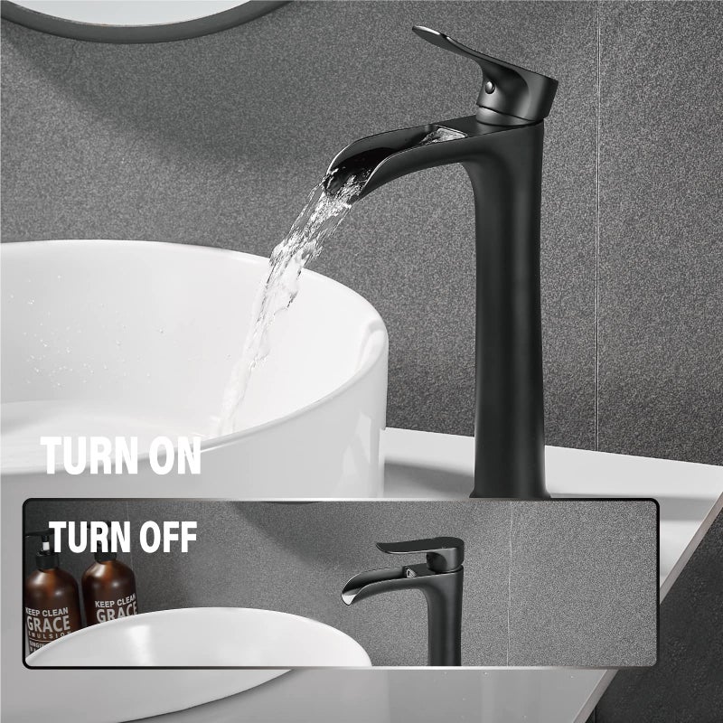 YUNDOOM Matte Black Vessel Sink Faucet, Deck Mount, Single Hole, Waterfall Design, Easy Installation, Durable, Drip-Free, Ceramic Disc Cartridge Valve, Solid Brass Material - Image 2