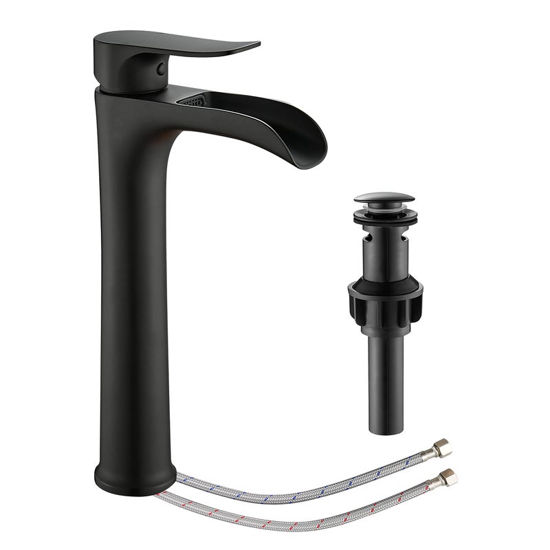 YUNDOOM Matte Black Vessel Sink Faucet, Deck Mount, Single Hole, Waterfall Design, Easy Installation, Durable, Drip-Free, Ceramic Disc Cartridge Valve, Solid Brass Material - Image 1