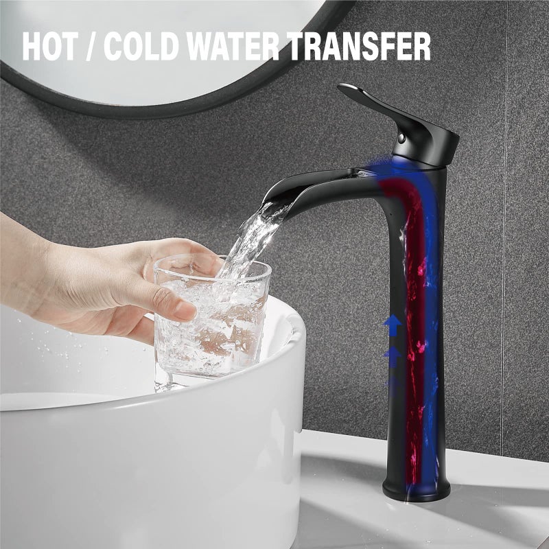 YUNDOOM Matte Black Vessel Sink Faucet, Deck Mount, Single Hole, Waterfall Design, Easy Installation, Durable, Drip-Free, Ceramic Disc Cartridge Valve, Solid Brass Material - Image 4