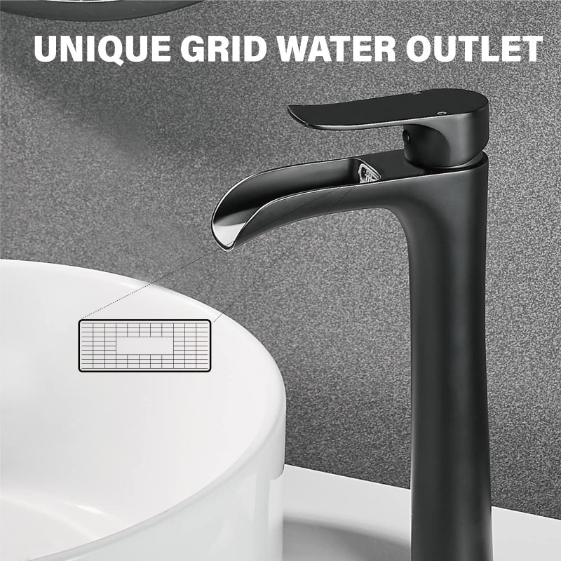 YUNDOOM Matte Black Vessel Sink Faucet, Deck Mount, Single Hole, Waterfall Design, Easy Installation, Durable, Drip-Free, Ceramic Disc Cartridge Valve, Solid Brass Material - Image 3