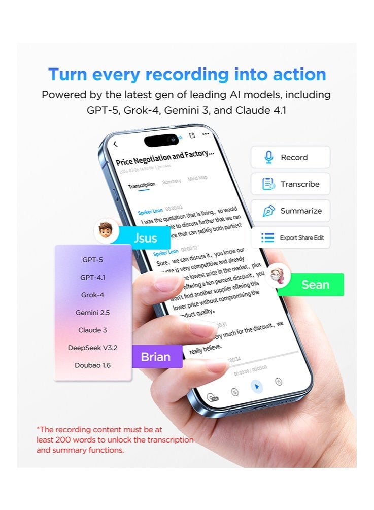 بويا BOYA Notra Sliver AI Voice Recorder، ملخص ذكي، تخزين 64 جيجا بايت، مزامنة سحابة آمنة، 140+ لغة، جهاز ملاحظات الذكاء الاصطناعي متوافق مع MagSafe للاجتماعات والمحاضرات والمقابلات - Image 5