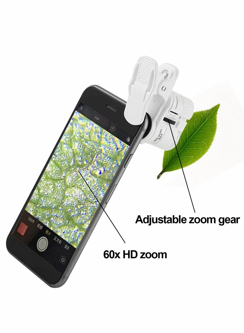 Excefore Phone Microscope, 60X Universal Portable Clip On Microscope with LED UV Lights Jeweler Loupe for Biological Jewelry Coins Currency Stamps Antiques Smart Phones and Tablets - Image 2
