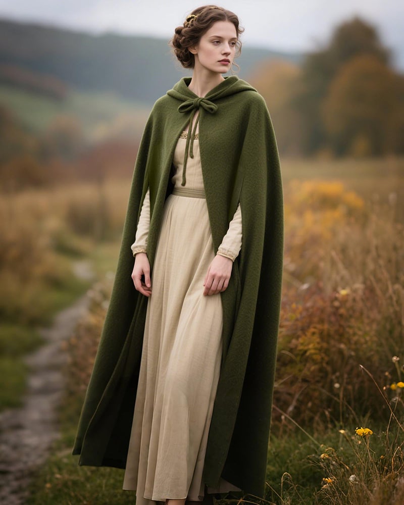 L'VOW Arm Holes Hooded Green Cloak Renaissance Winter Cape with Hood for Medieval Halloween Witch Cosplay, Army Green - Image 4