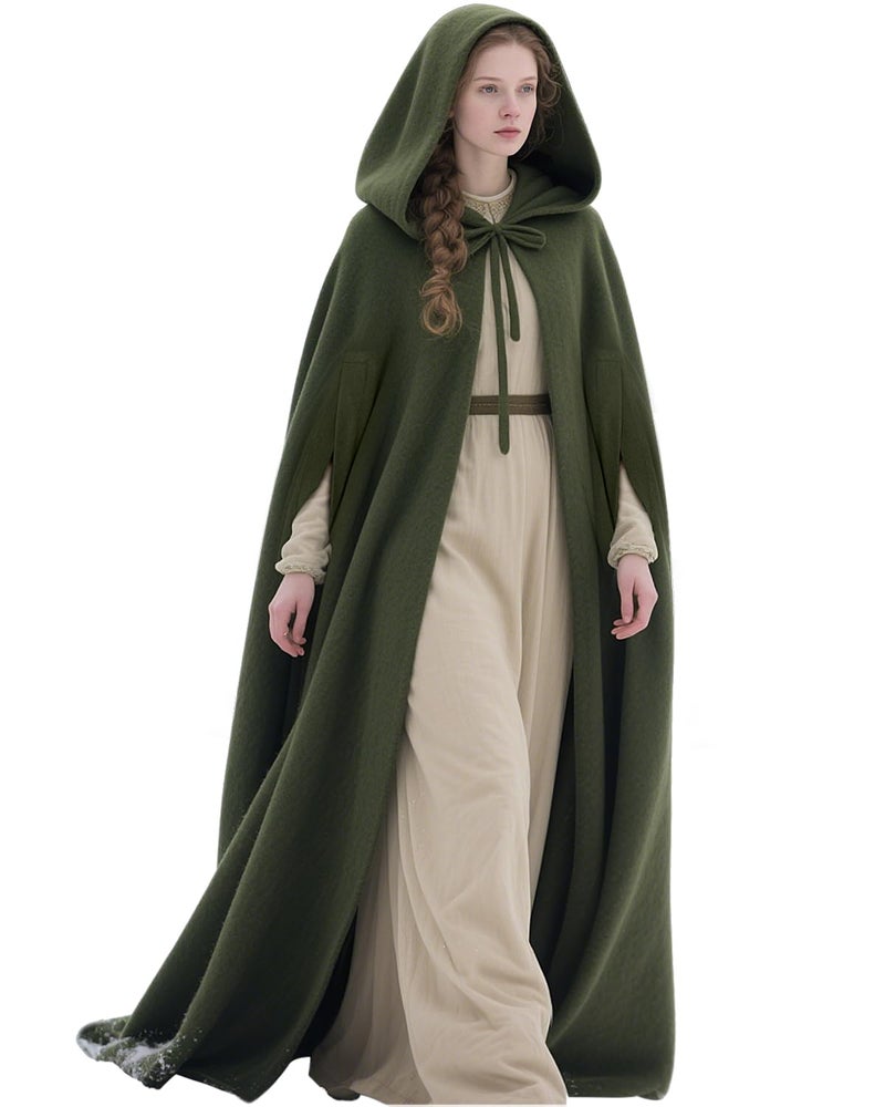 L'VOW Arm Holes Hooded Green Cloak Renaissance Winter Cape with Hood for Medieval Halloween Witch Cosplay, Army Green - Image 1