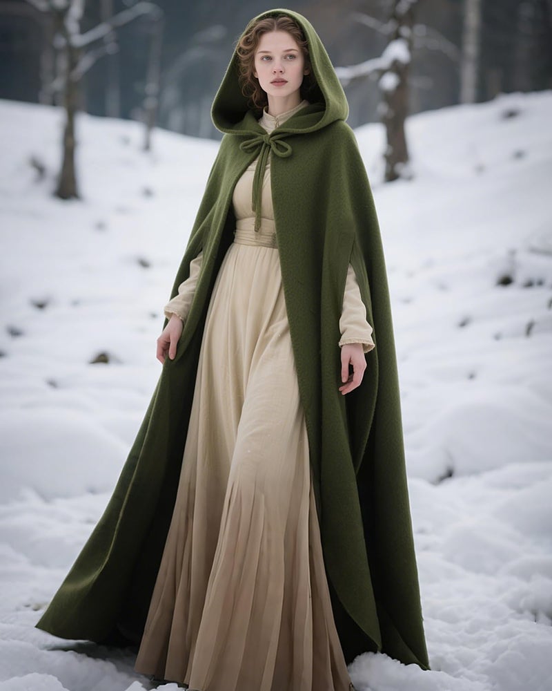 L'VOW Arm Holes Hooded Green Cloak Renaissance Winter Cape with Hood for Medieval Halloween Witch Cosplay, Army Green - Image 3