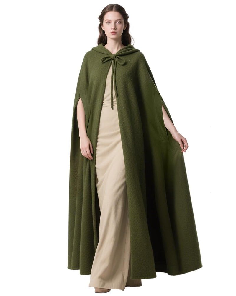 L'VOW Arm Holes Hooded Green Cloak Renaissance Winter Cape with Hood for Medieval Halloween Witch Cosplay, Army Green - Image 2