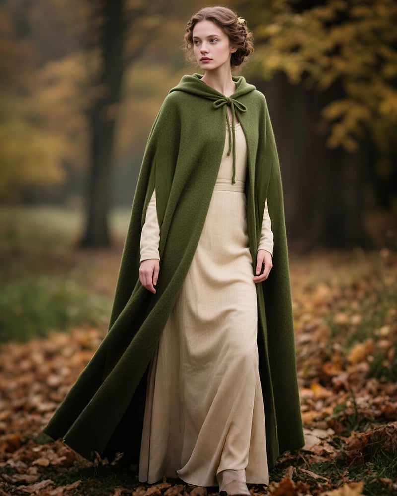 L'VOW Arm Holes Hooded Green Cloak Renaissance Winter Cape with Hood for Medieval Halloween Witch Cosplay, Army Green - Image 5