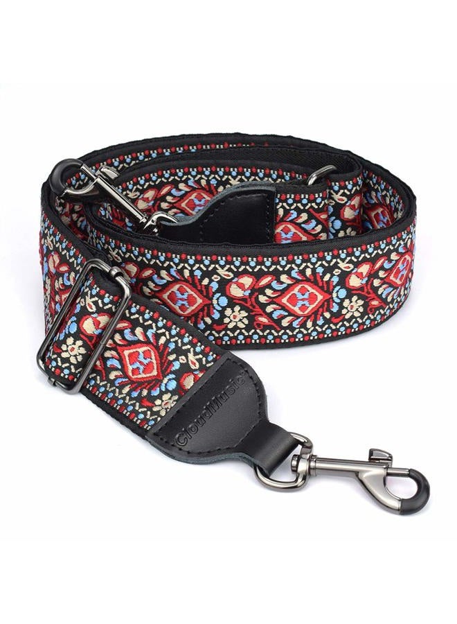 CLOUDMUSIC Banjo Strap Jacquard Woven With Leather Ends And Metal Clips red CM-BJ03 - Image 1