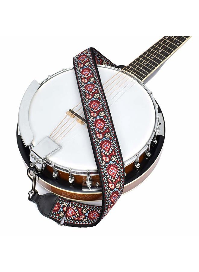 CLOUDMUSIC Banjo Strap Jacquard Woven With Leather Ends And Metal Clips red CM-BJ03 - Image 2