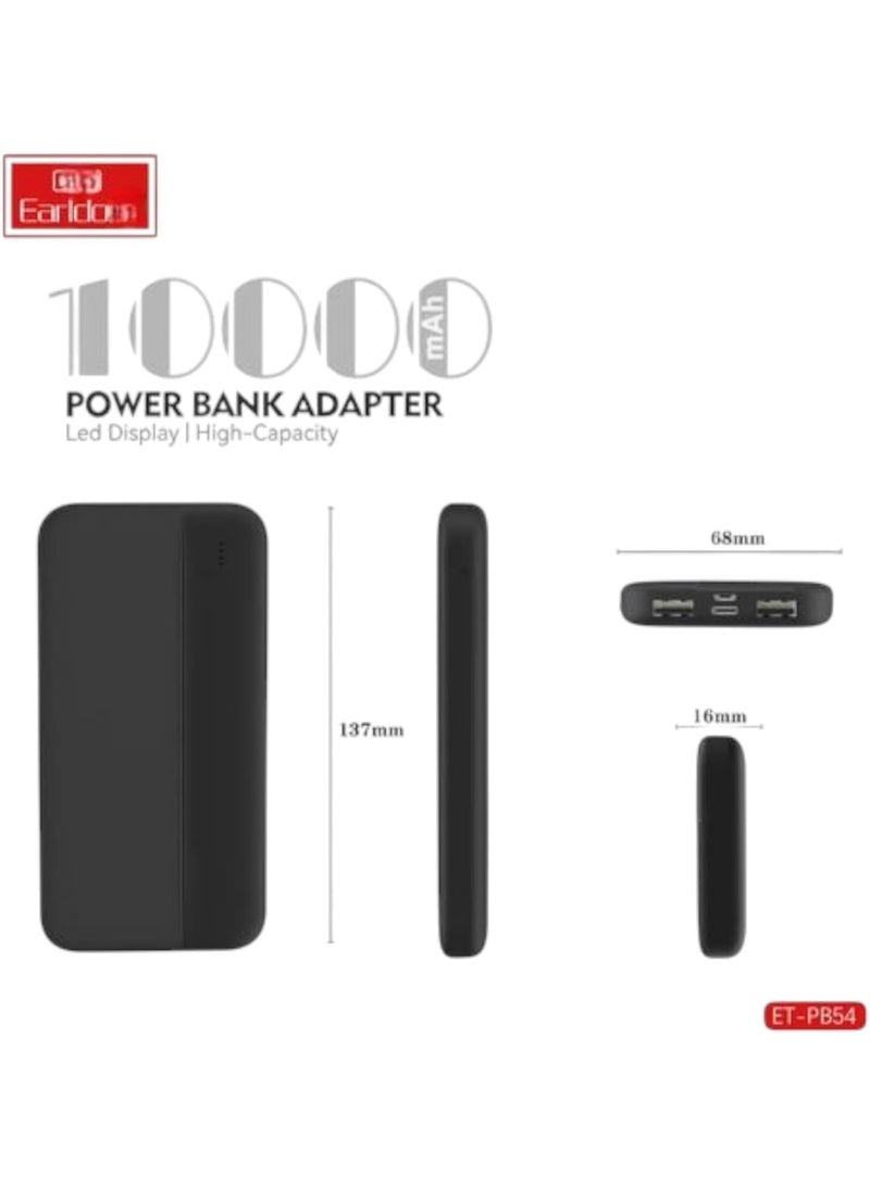 Power Bank Charging 10000mAh PB54 Fast with Dual USB Type-A, USB Type-C, Micro, LED Digital Display, Portable Travel Power Bank Charger, (Model PB54)