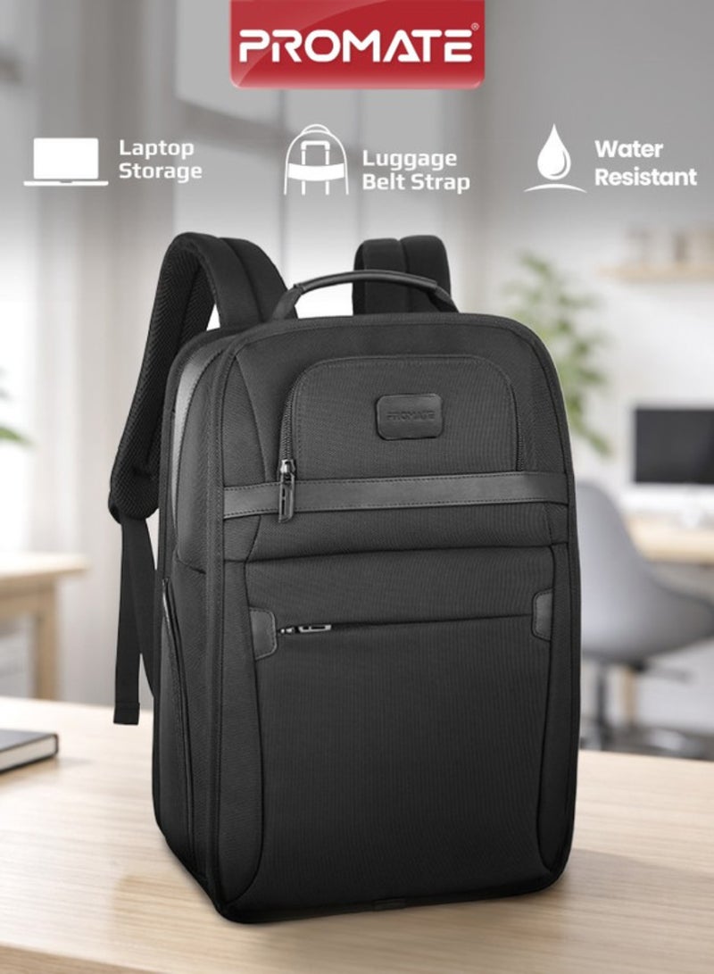 Promate Premium Backpack, Lightweight 15.6-inch Laptop Bag with Spacious Compartments, Luggage Belt Strap, Mesh Straps, Durable Make, and Quick Access Pockets, for MacBook, Dell, Paramount-BP Black - Image 1