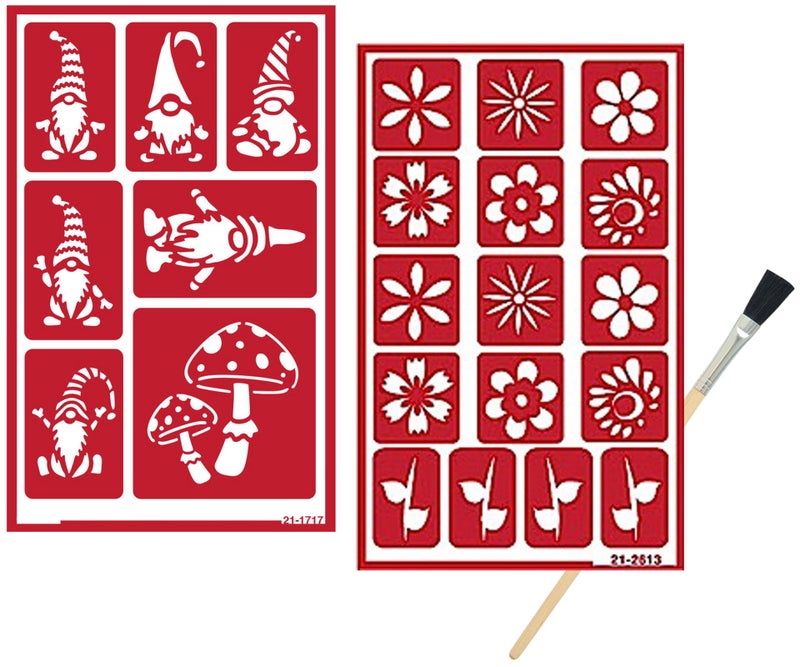 2 Etch Reusable Glass Etching Stencils  Gnome and Flower Themed Stencil  Floral Theme Design  Set Includes Brush