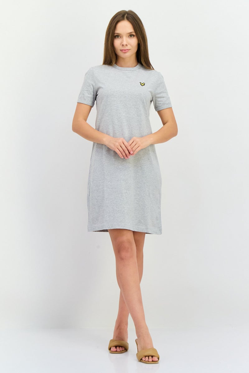 Lyle & Scott Women Crew Neck Short Sleeve Embroidered T-Shirt Dress, Light Grey Heather - Image 4