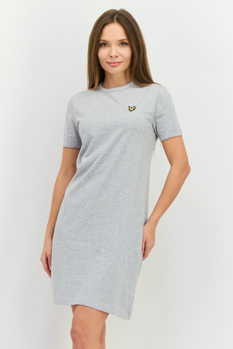 Lyle & Scott Women Crew Neck Short Sleeve Embroidered T-Shirt Dress, Light Grey Heather - Image 1