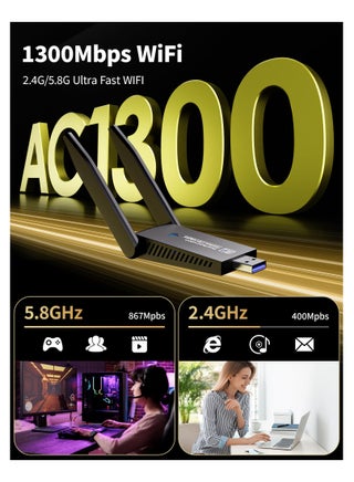 AC1300 USB WiFi Adapter for Desktop PC, Dual Band USB WiFi 1300Mbps High Speed Wireless Network Adapter 5GHz/2.4GHz USB 3.0 with High-Gain Antennas Compatible with Windows 11/10/8/7 macOS 10.9-10.15 - view 2