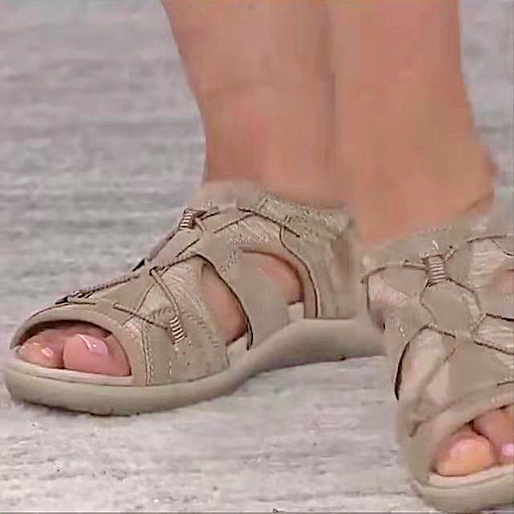 2021 New Roman Wedge Sandals Round Toe Velcro Large Size Beach Solid Color Casual Roman Sandals - Image 5