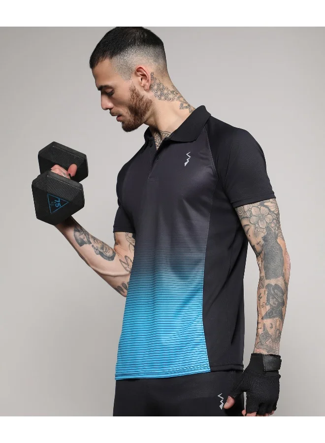 Campus Sutra Men's Jet Black & Sky Blue Ombre Polo Activewear T-Shirt