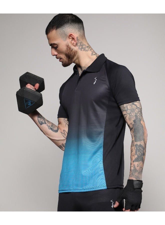 Campus Sutra Men's Jet Black & Sky Blue Ombre Polo Activewear T-Shirt  - Image 4