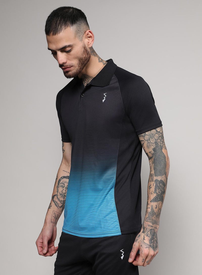 Campus Sutra Men's Jet Black & Sky Blue Ombre Polo Activewear T-Shirt  - Image 3