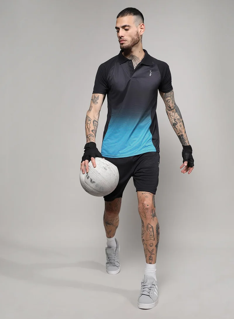 Campus Sutra Men's Jet Black & Sky Blue Ombre Polo Activewear T-Shirt