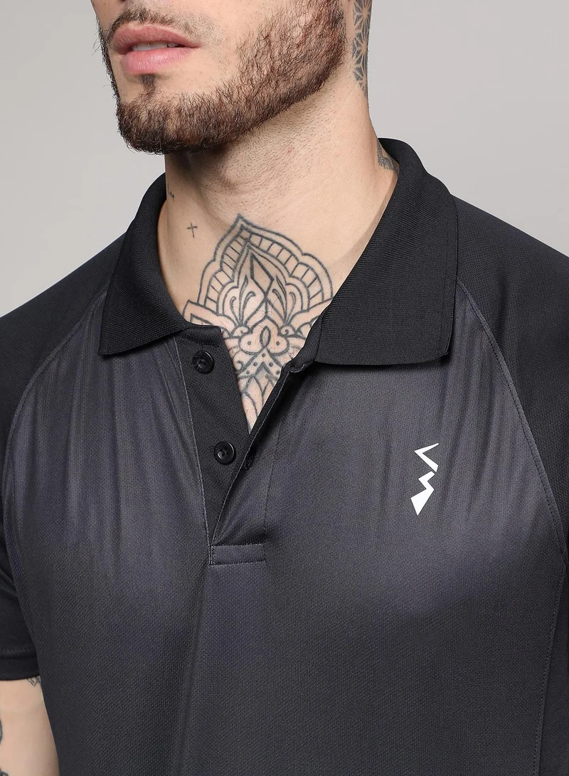 Campus Sutra Men's Jet Black & Sky Blue Ombre Polo Activewear T-Shirt