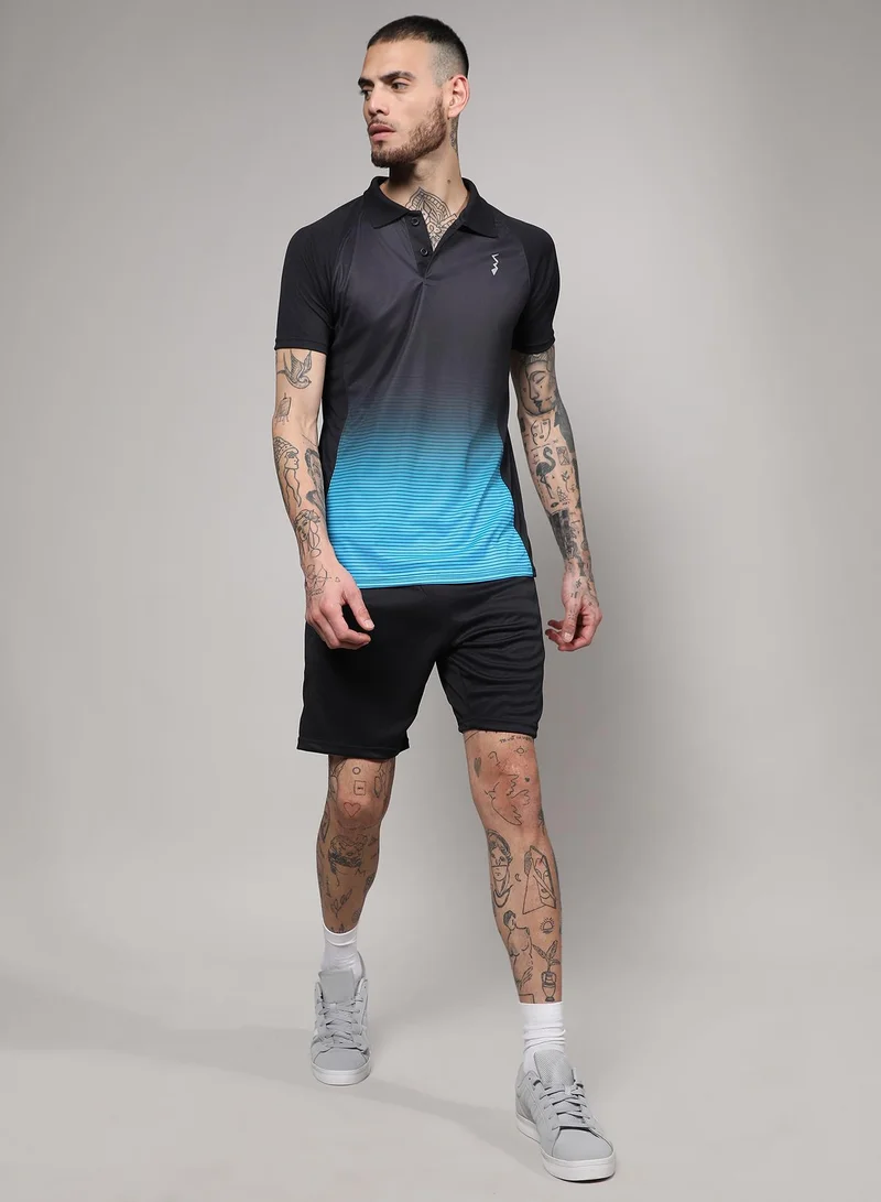 Campus Sutra Men's Jet Black & Sky Blue Ombre Polo Activewear T-Shirt