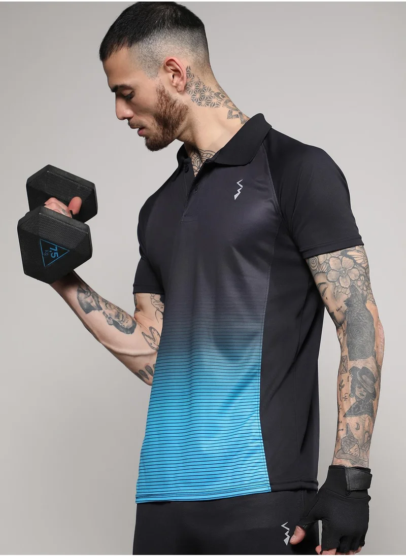 Campus Sutra Men's Jet Black & Sky Blue Ombre Polo Activewear T-Shirt