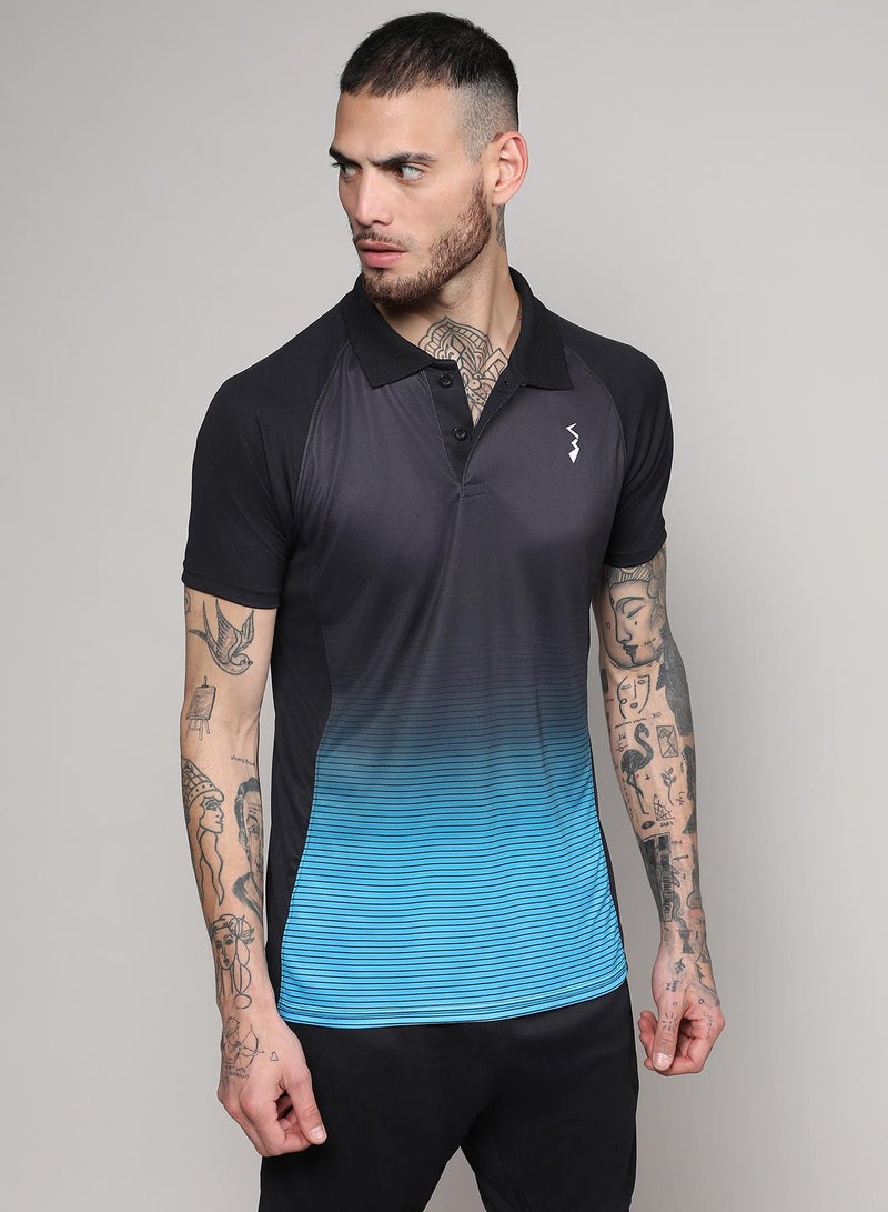Campus Sutra Men's Jet Black & Sky Blue Ombre Polo Activewear T-Shirt  - Image 2