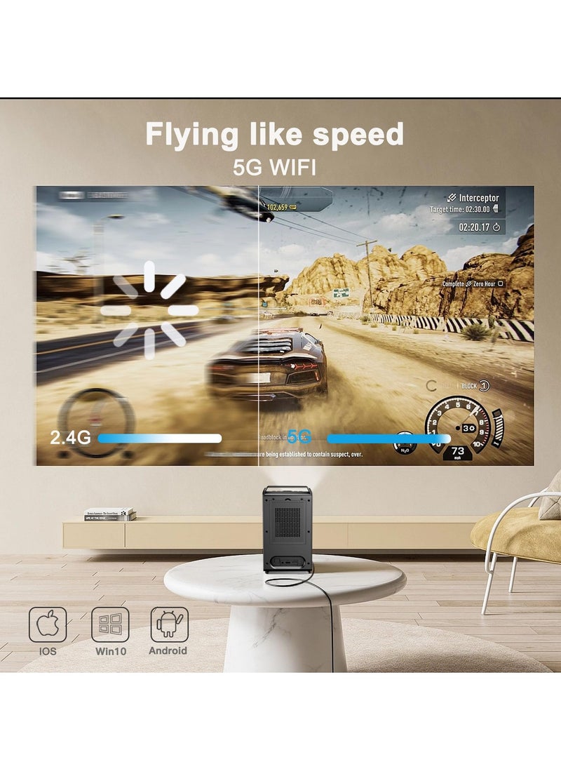 4K Projector【Android System】with 5G WiFi and Bluetooth 5.3, 600ANSI Movie Projector, Native 1080P Full HD Video Projector, Max 300”,HDMI, USB, Zoom, 4D Keystone Correction
