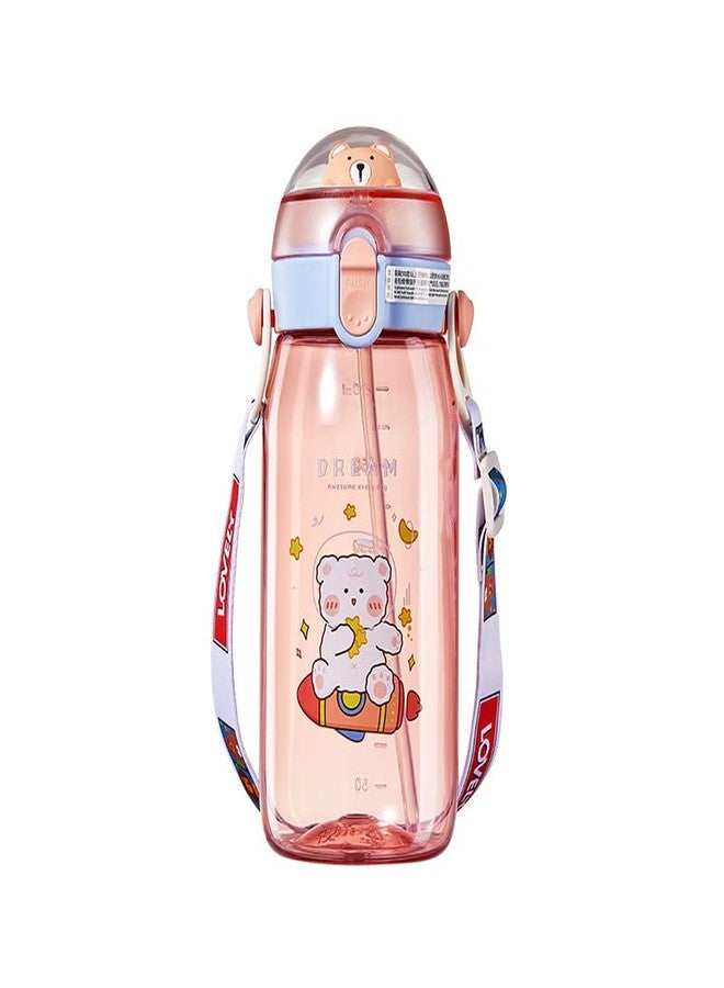 TEMSON Water Bottle for Kids Cartoon School Water Bottle for Kids - Tritan 550 ML BPA Free Water Bottle for Kids, Cute Animal Design Water Bottle with Straw, Strap and Side handle (ABL-1029) (Pink) - Image 1