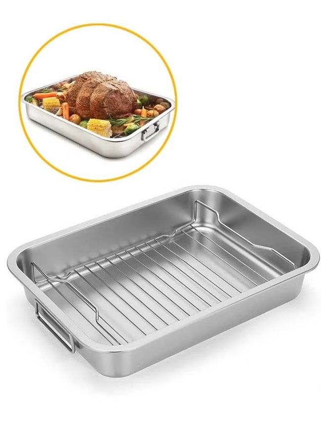 Stainless Steel Roasting Pan with Grill Rack,Turkey Pan with Drain Tray,Reinforced Rim,Multifunctional Grilled fish Pan with Handle(39 * 28* 6 CM) - Image 1