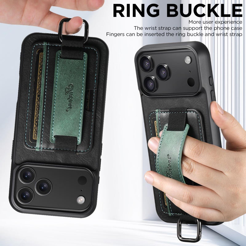 Suteni For Iphone 17 Pro Max H13 Card Wallet Wrist Strap Holder Pu Phone Case(Black) - Image 4