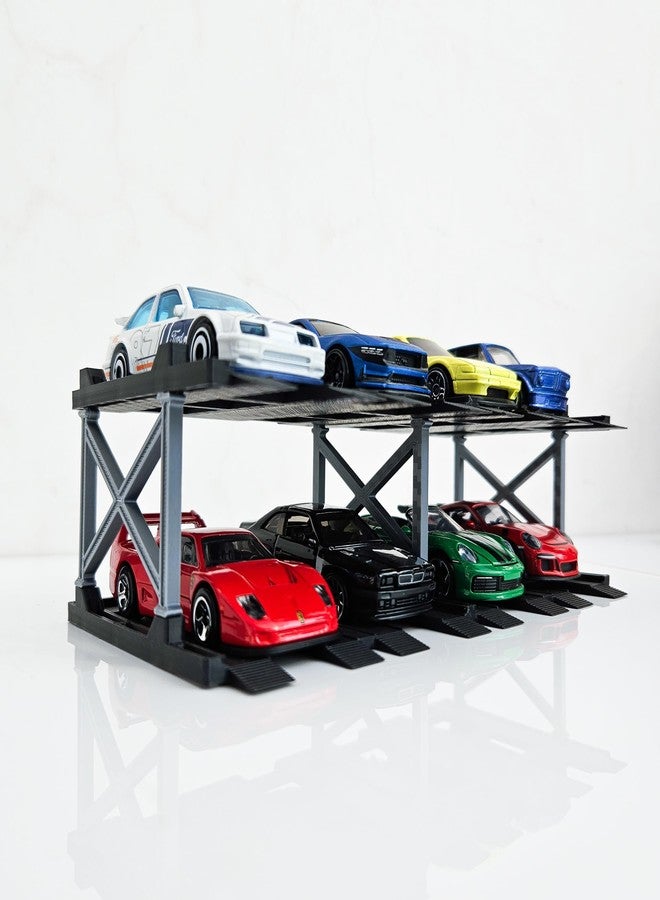 Garage64 حاوية عرض سيارات مصبوبة من Garage64 بمقياس 1:64 - تخزين متعدد المستويات لسيارات مصبوبة قابلة للتحصيل من Hot Wheels و Mini GT و Matchbox | أسود مطفي وفضي (طبقتان - سعة 8 سيارات) - Image 2