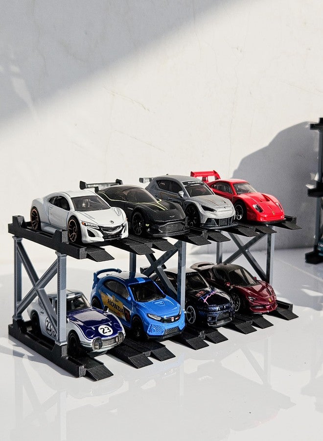 Garage64 حاوية عرض سيارات مصبوبة من Garage64 بمقياس 1:64 - تخزين متعدد المستويات لسيارات مصبوبة قابلة للتحصيل من Hot Wheels و Mini GT و Matchbox | أسود مطفي وفضي (طبقتان - سعة 8 سيارات) - Image 1