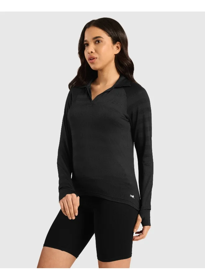 Musclemind Women's Vogue Polo Full Sleeve T-Shirt with Smart Collar, Breathable Fabric, Thumbholes, Raglan Sleeves (Black)