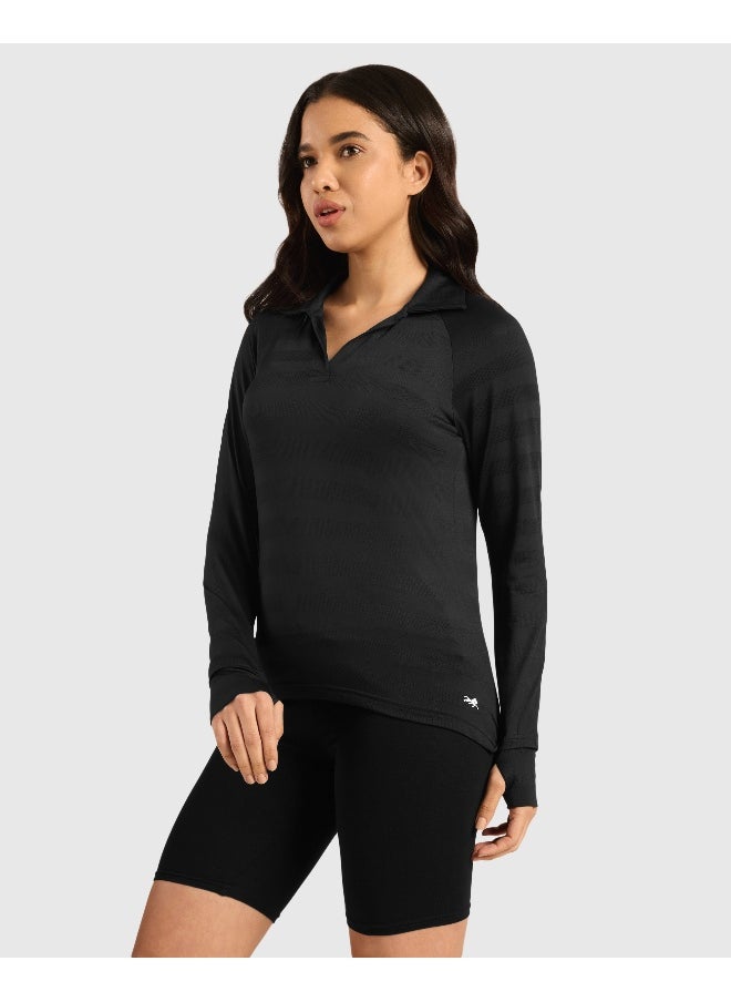 Musclemind Women's Vogue Polo Full Sleeve T-Shirt with Smart Collar, Breathable Fabric, Thumbholes, Raglan Sleeves (Black)  - Image 3