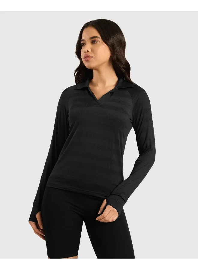 Musclemind Women's Vogue Polo Full Sleeve T-Shirt with Smart Collar, Breathable Fabric, Thumbholes, Raglan Sleeves (Black)