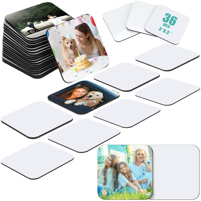Flutesan 3 x 3 Inch Sublimation Blank Refrigerator Magnets Sublimation Square Fridge Magnets Magnet Blanks MDF DIY Decorative for Car Home Office Kitchen Wall36 Set 