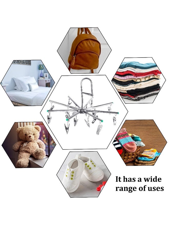 Stainless Steel Sock Dryer with 16 Pegs and Swivel Hook - Rustproof Clothes Drying Hanger for Underwear, Socks, Bras, Baby Clothes, and Gloves - Windproof Design