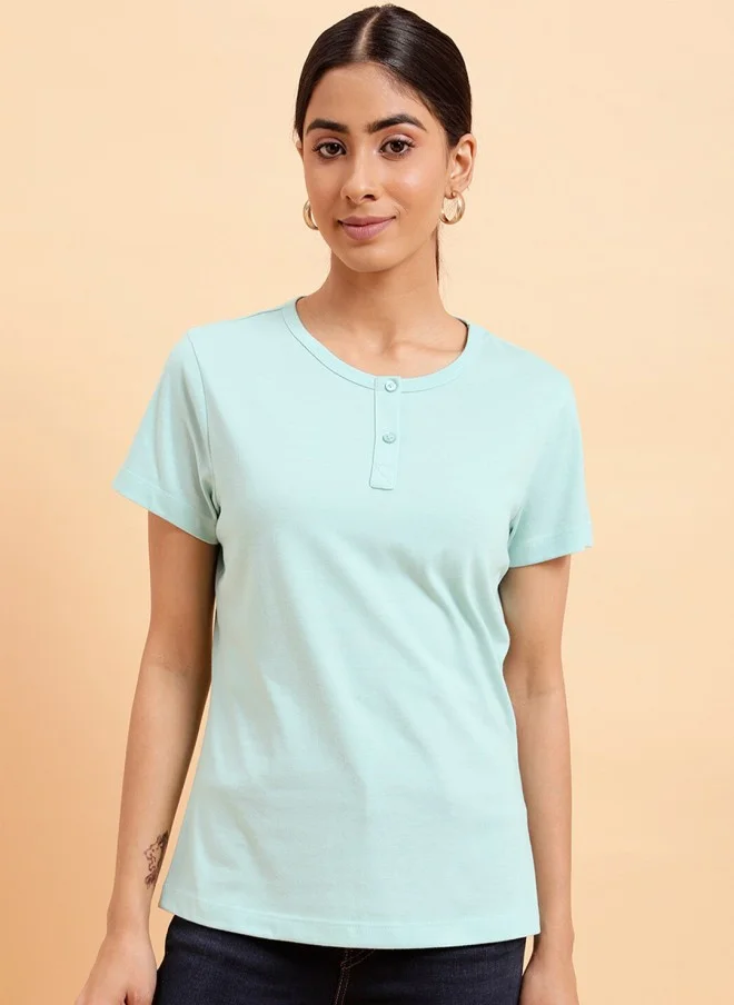 MINT STREET Mint Henley Neck Cotton T-Shirt for Women