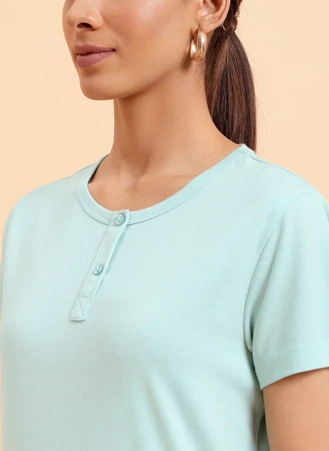 MINT STREET Mint Henley Neck Cotton T-Shirt for Women