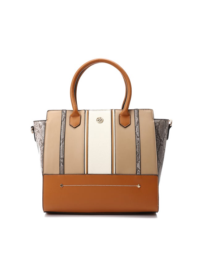 DejaVu Tri-Tone Reptile Top Handle Bag - Camel, Coffee and Beige - Image 5