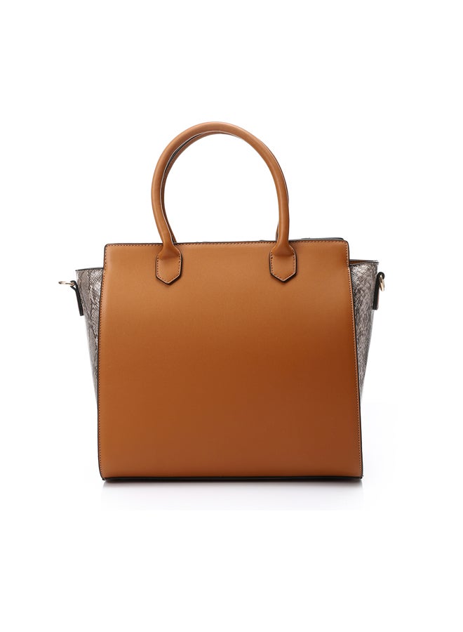 DejaVu Tri-Tone Reptile Top Handle Bag - Camel, Coffee and Beige - Image 2