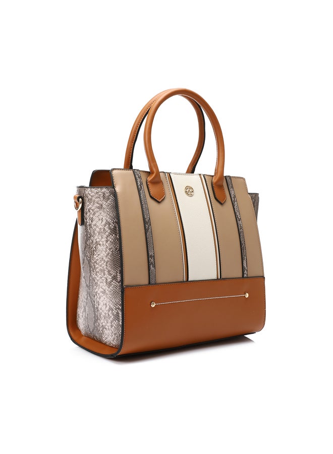 DejaVu Tri-Tone Reptile Top Handle Bag - Camel, Coffee and Beige - Image 1