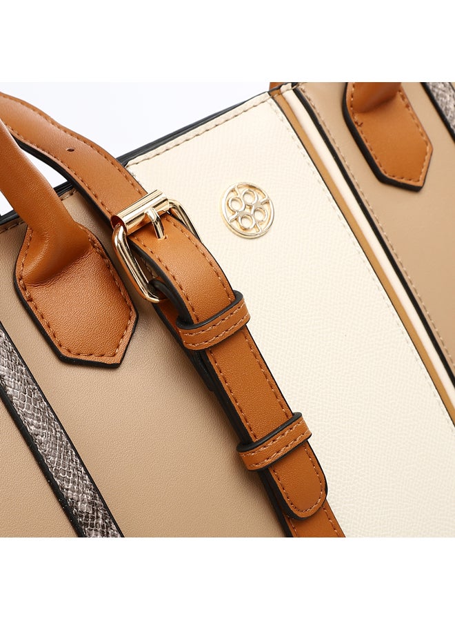 DejaVu Tri-Tone Reptile Top Handle Bag - Camel, Coffee and Beige - Image 4