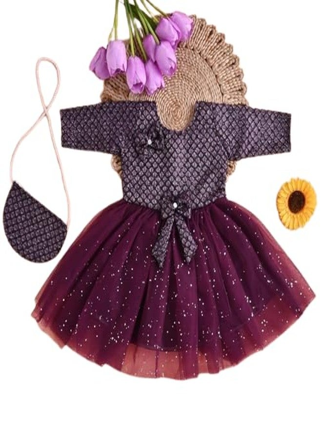 FIRST DREAM stylishbaby Baby Girl Full Sleeves Ruffle Trim Star Sequin Embellished Tutu Dress Maroon 12-18M - Image 1